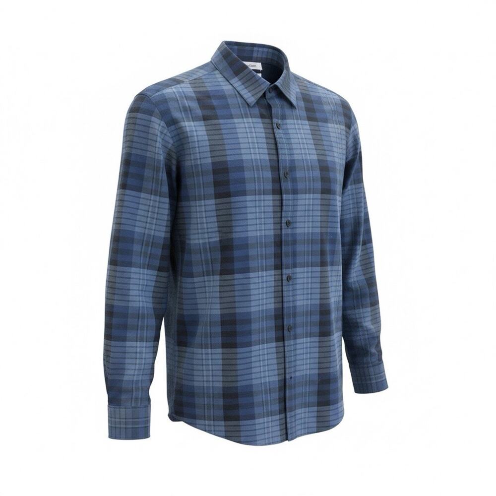 CALVIN KLEIN MENS SLIM FIT STRETCH DRESS SHIRT BLUE PLAID - LARGE